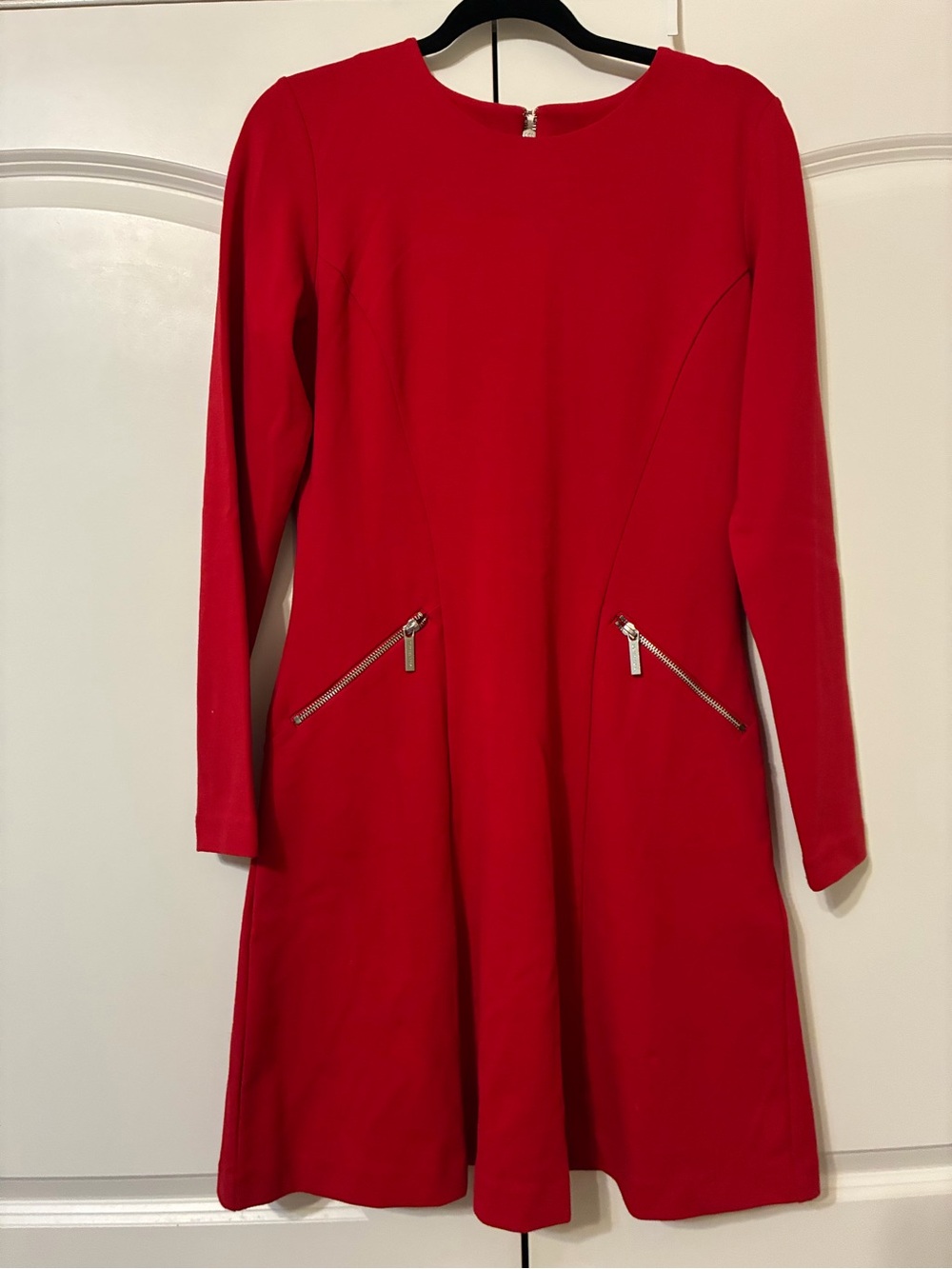 Michael Kors Red Long-Sleeve A-Line Midi Dress with Zip Pockets